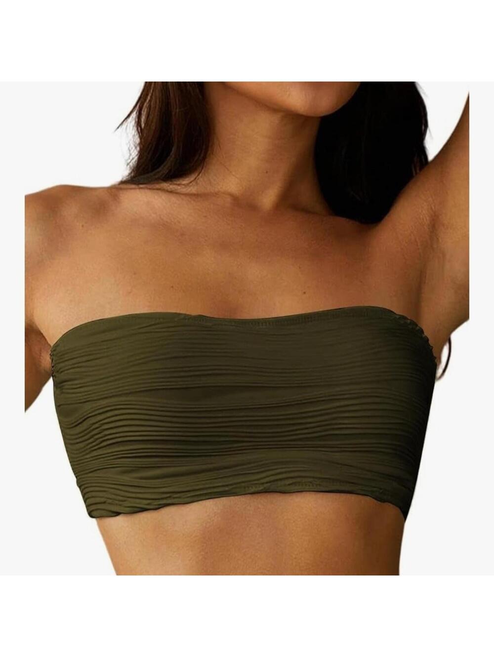 Olive Green Textured Bandeau Top with Adjustable Straps